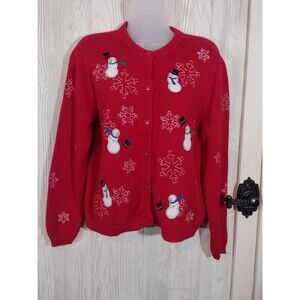 Croft and Borrow Women's Petite Medium Christmas Sweater Winter Snowmen Red